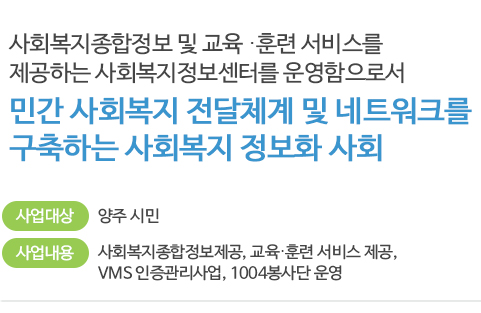 사회복지종합정보 및 교육 ․ 훈련 서비스를 제공하는 사회복지정보센터를 운영함으로서
민간 사회복지 전달체계 및 네트워크 구축하는 사회복지 정보화 사회
사업대상: 양주 시민
사업내용: 사회복지종합정보제공, 교육․훈련 서비스 제공, VMS 인증관리사업, 1004봉사단 운영